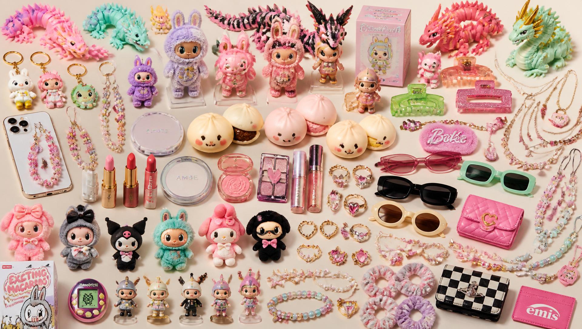 Martin Max product collage — 3D printed toys, keychains, squishy buns, cosmetics, jewelry and accessories